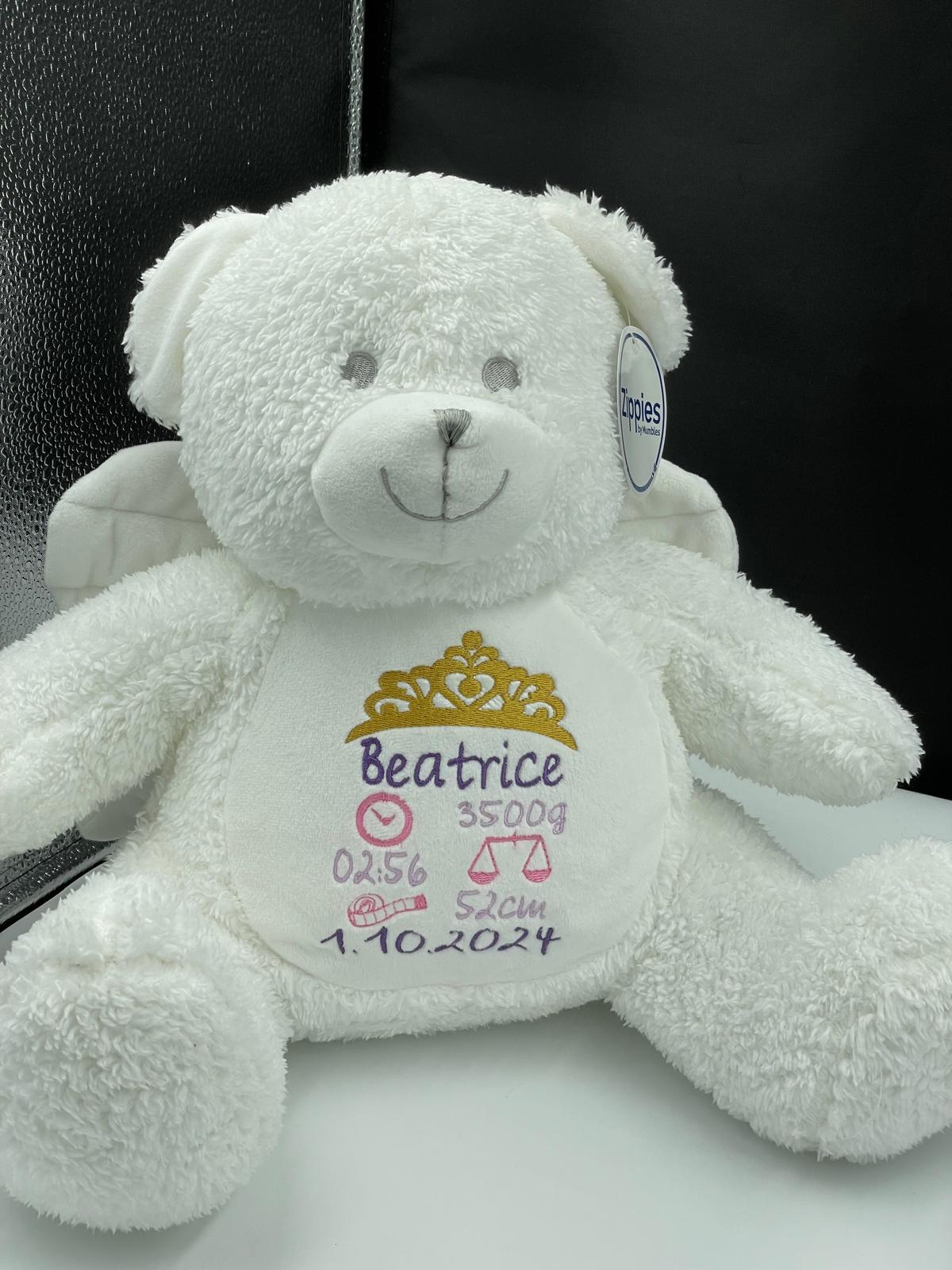 Personalisiertes Kuscheltier Teddybär mit Bestickung der Geburtsdaten oder Namen – Bild 4